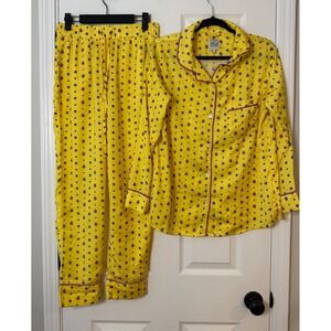 Revolve‎ Plush Yellow Paisley Print Pajama Set Button Up Top Pants Size S